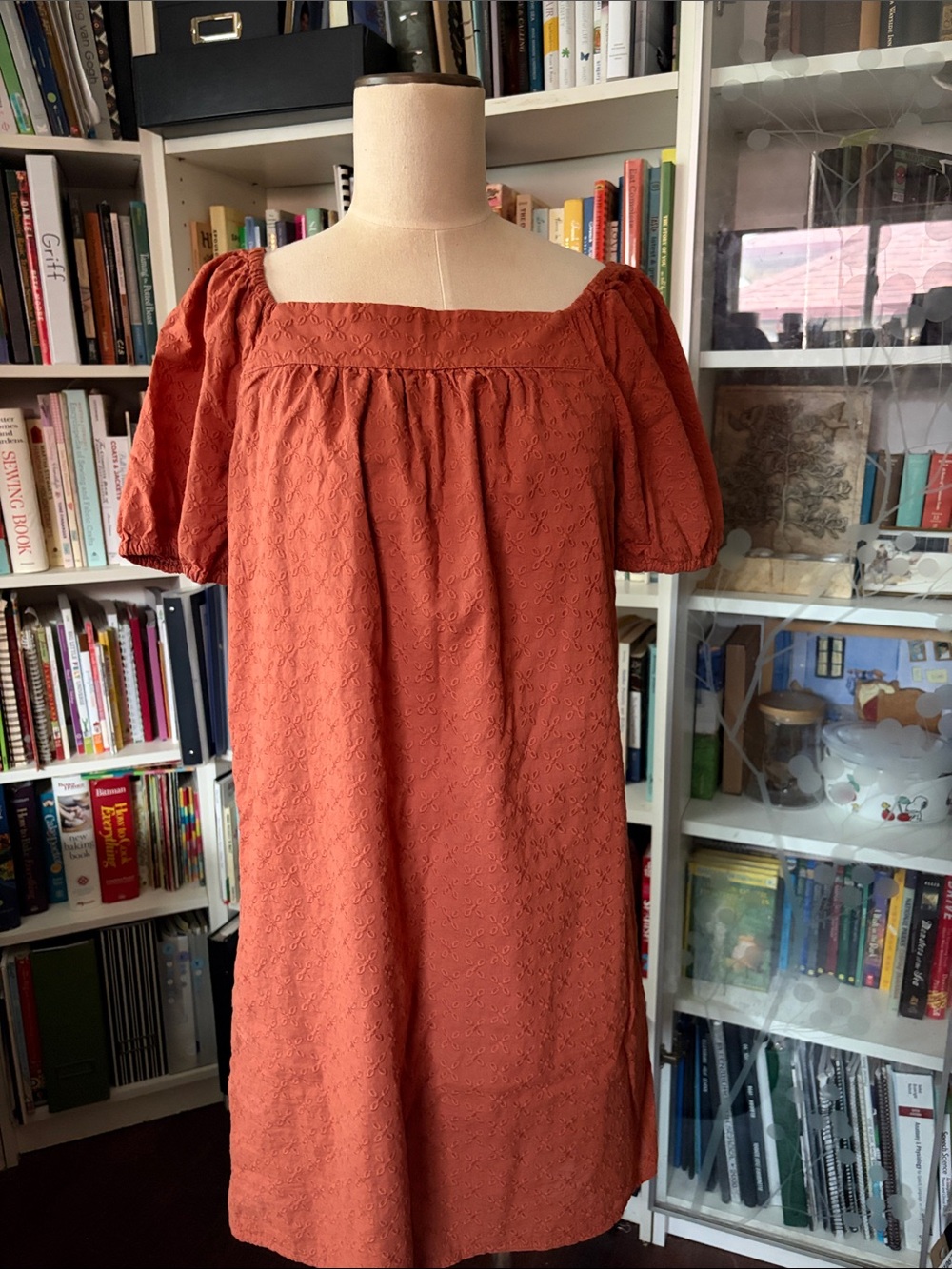 Rust eyelet puff sleeve sun dress